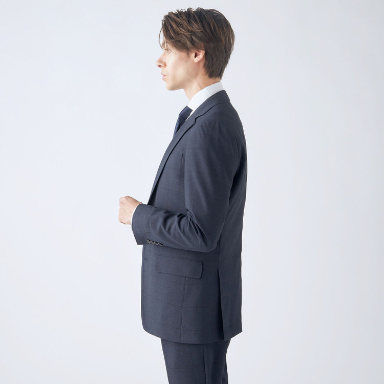 シルバーライン 【CLASSICO TAPERED】【春夏】2釦シングルスリーピーススーツ 1タック/ネイビー×ウィンドペン/ウエストムーブ/4S SUSTAINABILITY&ECOLOGY FABRIC/※パンツ裾上げ済仕様 紺濃色