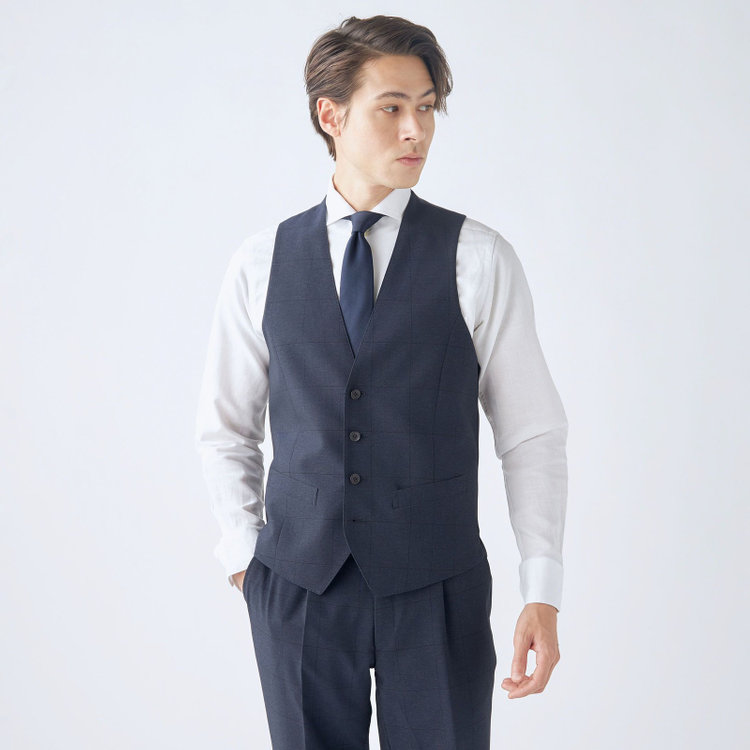 シルバーライン 【CLASSICO TAPERED】【春夏】2釦シングルスリーピーススーツ 1タック/ネイビー×ウィンドペン/ウエストムーブ/4S SUSTAINABILITY&ECOLOGY FABRIC/※パンツ裾上げ済仕様 紺濃色