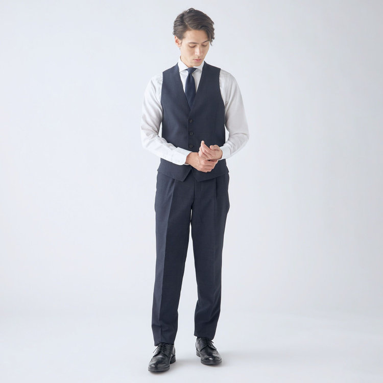 シルバーライン 【CLASSICO TAPERED】【春夏】2釦シングルスリーピーススーツ 1タック/ネイビー×ウィンドペン/ウエストムーブ/4S SUSTAINABILITY&ECOLOGY FABRIC/※パンツ裾上げ済仕様 紺濃色