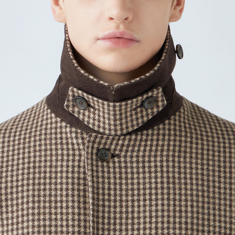 シルバーライン 【発送在庫あり】【SL】ウールブレンドステンカラードロップショルダーデュアリティサイドスリットコート/ベージュ＆ブラウン×チェック/140S BLENDED EXTRA FINE MERINO WOOL 茶中間