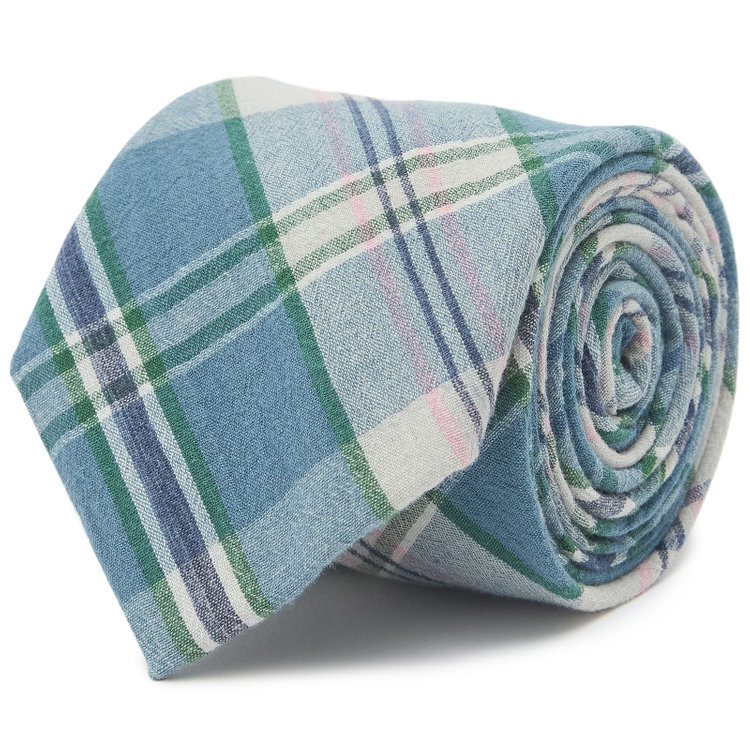 シルバーライン 【SILVER LINE】コットンリネンブレンドチェックネクタイ 8.0cm幅/グリーン×ネイビー その他