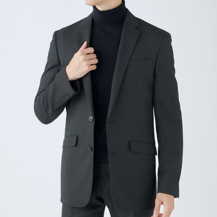 ブラックライン 【SLIM TAPERED_2】【秋冬】2釦シングルスーツ 0タック/カーキ×バーズアイ/ウエストシャーリング/4S SUSTAINABILITY&ECOLOGY FABRIC/※パンツ裾上げ済仕様 黄淡色