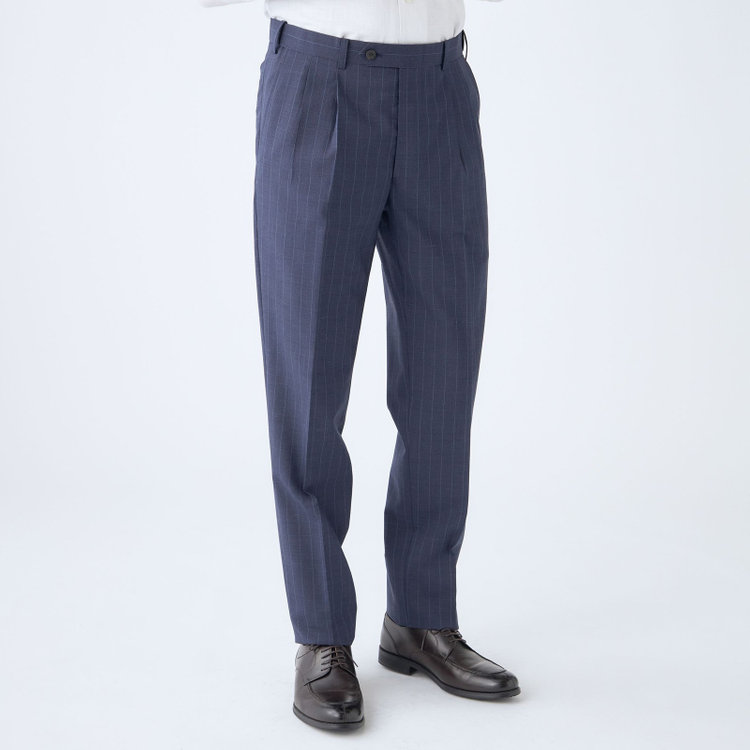 シルバーライン 【CLASSICO TAPERED】【春夏】6釦2掛けダブルスーツ 2タック/ネイビー×ストライプ/チェンジポケット/ウエストムーブ/NEW ZEALAND WOOL MIX/※裾上げ必要 青中間