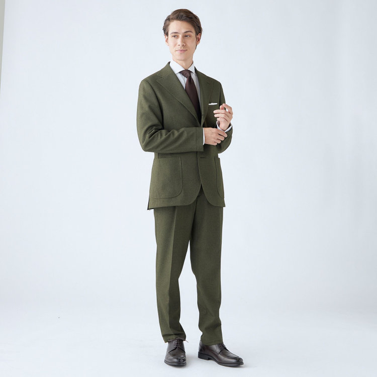 シルバーライン 【発送在庫あり】【RBC】【秋冬】3釦段返りシングルスーツ 2タック/カーキ/パッチポケット/ドローコード&ウエストシャーリング/※パンツ裾上げ済仕様 緑中間