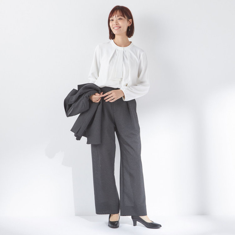 シルバーライン 【SL】【春夏】ワイドパンツ/グレー×チェック/ウエストシャーリング/ウォッシャブル/裾上げ済仕様 グレー中間