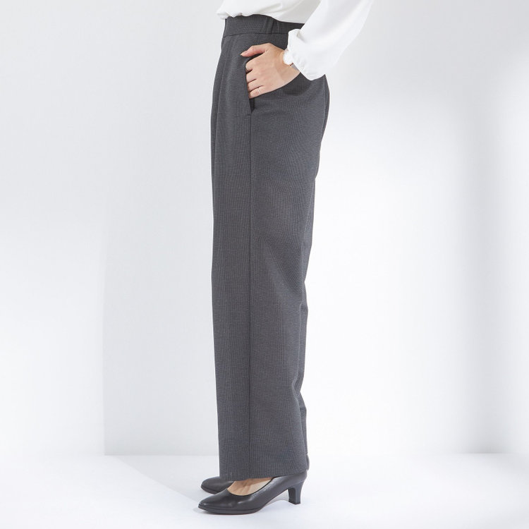 シルバーライン 【SL】【春夏】ワイドパンツ/グレー×チェック/ウエストシャーリング/ウォッシャブル/裾上げ済仕様 グレー中間