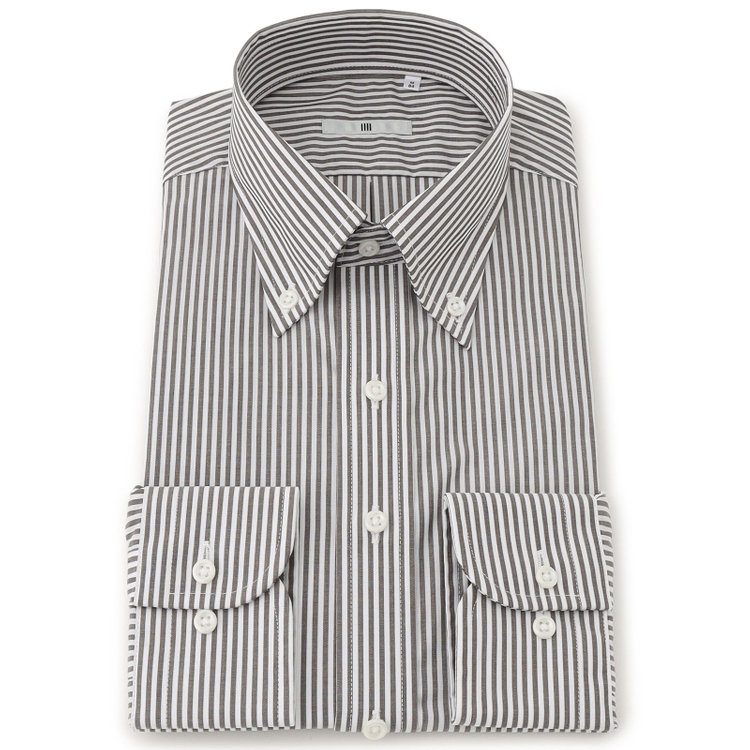 シルバーライン 【発送在庫あり】【SILVER LINE】【形態安定】ボタンダウンドレスワイシャツ/ホワイト×ブラウンストライプ 茶中間