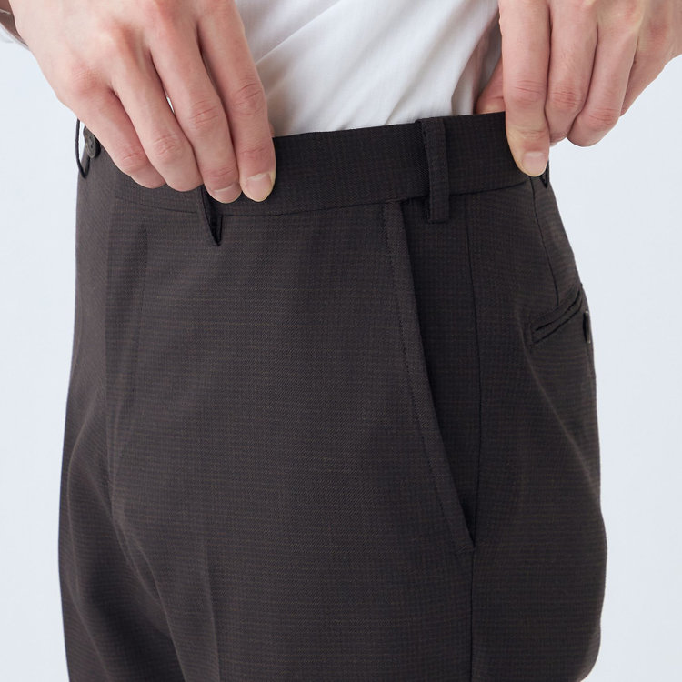 ブラックライン 【発送在庫あり】【SLIM TAPERED】【秋冬】ウールブレンドパンツ 0タック/ブラウン＆ブラック×ハウンドトゥース/ウォッシャブル/ウエストムーブ/※裾上げ必要 茶中間
