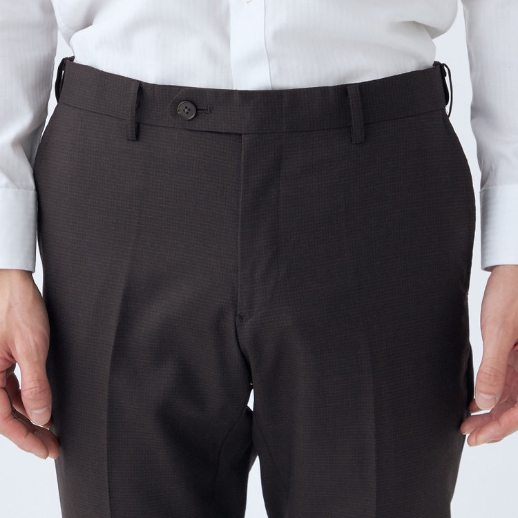 ブラックライン 【発送在庫あり】【SLIM TAPERED】【秋冬】ウールブレンドパンツ 0タック/ブラウン＆ブラック×ハウンドトゥース/ウォッシャブル/ウエストムーブ/※裾上げ必要 茶中間