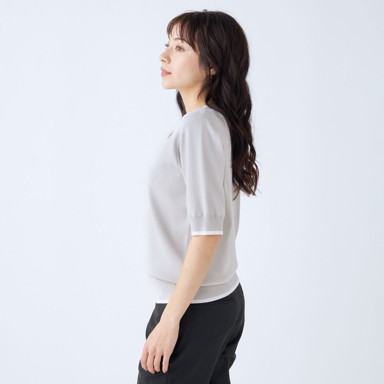 シルバーライン 【SILVER LINE/５分袖】総針バイカラーVネックニット/グレー×ホワイト グレー淡色