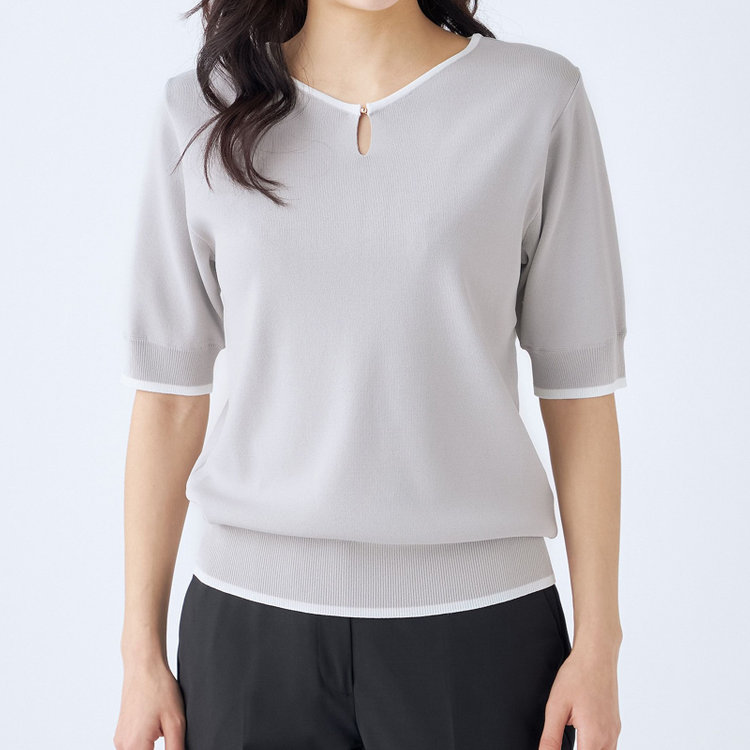 シルバーライン 【SILVER LINE/５分袖】総針バイカラーVネックニット/グレー×ホワイト グレー淡色