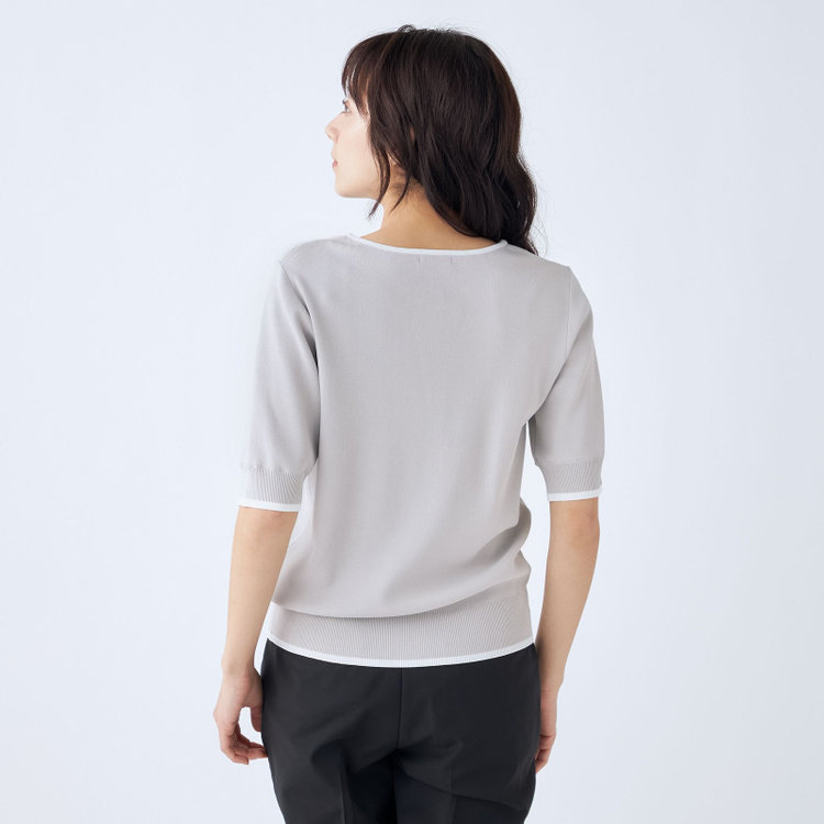 シルバーライン 【SILVER LINE/５分袖】総針バイカラーVネックニット/グレー×ホワイト グレー淡色