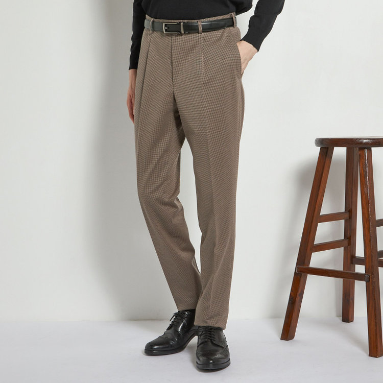 シルバーライン 【5DAYS CLOSET】【RBC】【春夏】1タックテーパードパンツ/ブラウン×ハウンドトゥース/ウエストムーブ仕様/4S SUSTAINABILITY&ECOLOGY FABRIC/※裾上げ必要 茶中間