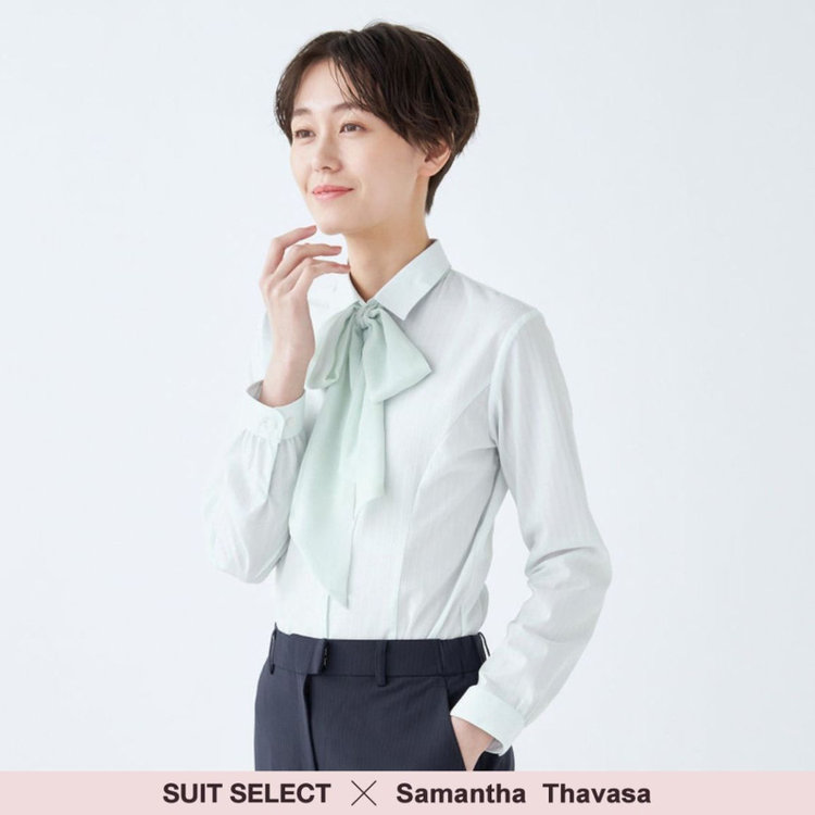 ソノタ 【SUIT SELECT×Samantha Thavasa】【長袖】リボン&フリル取り外しスキッパー/ミント×ドビーストライプ 緑淡色