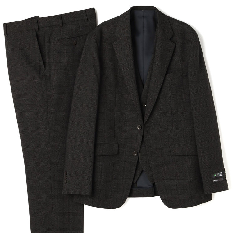 ブラックライン 【SLIM TAPERED】【秋冬】2釦シングルスリーピーススーツ 0タック/ブラウン×グレンチェック /ウエストムーブ/4S TAKE OUT SUITS / ※パンツ裾上げ済仕様 茶濃色