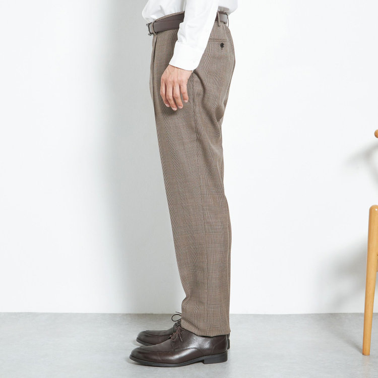 シルバーライン 【CLASSICO TAPERED】【春夏】1タックテーパードパンツ/ブラウン×グレンチェック/ウエストムーブ/※裾上げ必要 茶中間