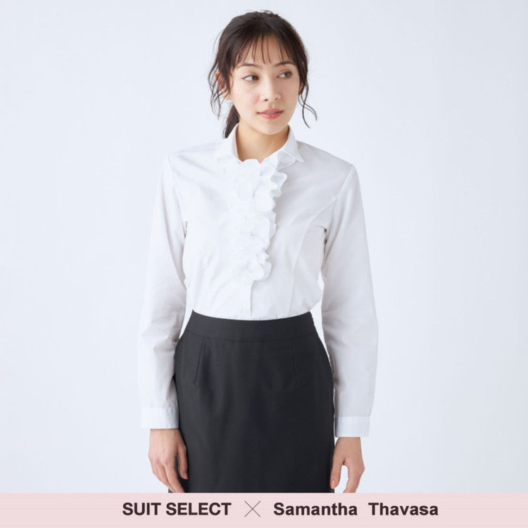 ソノタ 【SUIT SELECT×Samantha Thavasa】【長袖】リボン&フリル取り外しスキッパー/ホワイト×ドビーストライプ 白