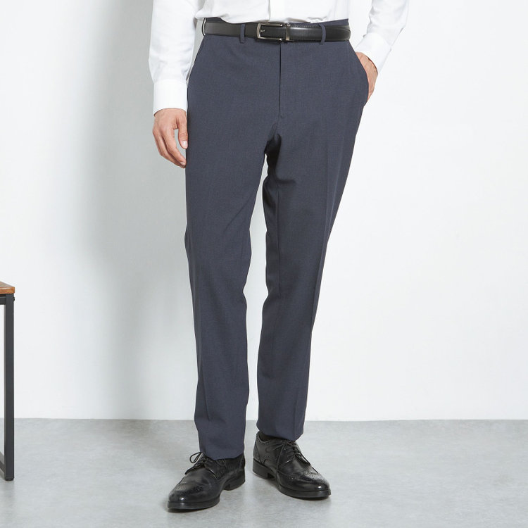 ブラックライン 【SLIM TAPERED】【春夏】0タックテーパードパンツ/ネイビー×バーズアイ/「氷撃」冷感PRINT/4S SUSTAINABILITY&ECOLOGY FABRIC「ウォッシャブル」「ストレッチ」/※裾上げ済み仕様 紺中間