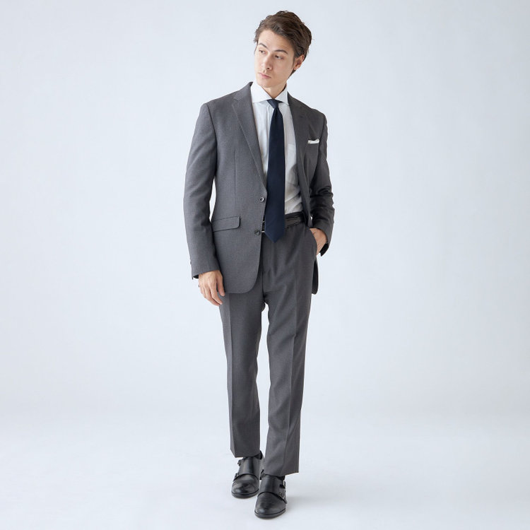 ブラックライン 【SLIM TAPERED_2】【年間】2釦シングルスーツ 0タック/グレー/ウエストシャーリング/4S SUSTAINABILITY&ECOLOGY FABRIC/ウォッシャブル/※パンツ裾上げ済仕様 グレー中間