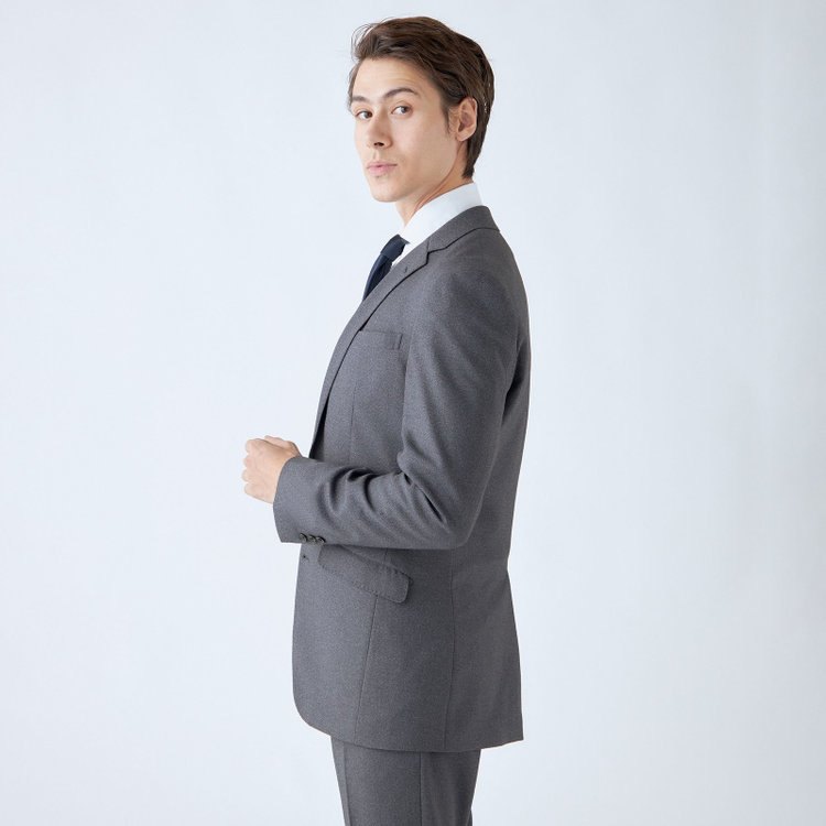 ブラックライン 【SLIM TAPERED_2】【年間】2釦シングルスーツ 0タック/グレー/ウエストシャーリング/4S SUSTAINABILITY&ECOLOGY FABRIC/ウォッシャブル/※パンツ裾上げ済仕様 グレー中間