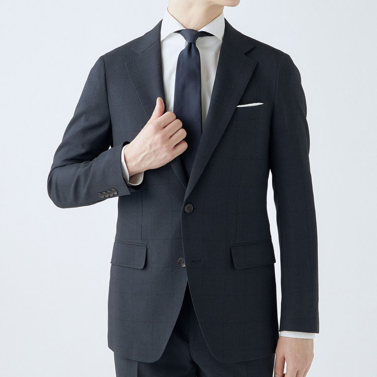 シルバーライン 【CLASSICO TAPERED】【秋冬】コーディネートパンツ付き/2釦シングルスーツ 1タック/ネイビー×グレンチェック+グレーソリッドパンツ/ウエストムーブ/4S SUSTAINABILITY&ECOLOGY FABRIC/※パンツ裾上げ済仕様 紺濃色