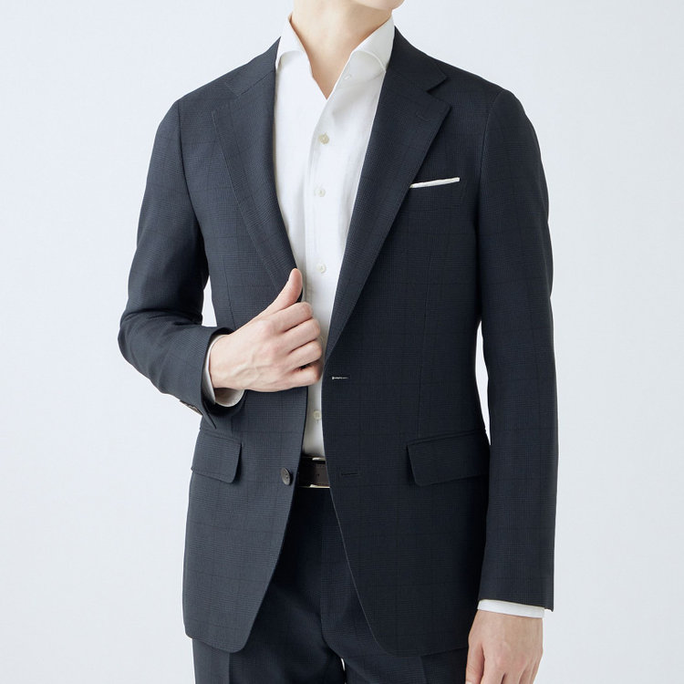 シルバーライン 【CLASSICO TAPERED】【秋冬】コーディネートパンツ付き/2釦シングルスーツ 1タック/ネイビー×グレンチェック+グレーソリッドパンツ/ウエストムーブ/4S SUSTAINABILITY&ECOLOGY FABRIC/※パンツ裾上げ済仕様 紺濃色