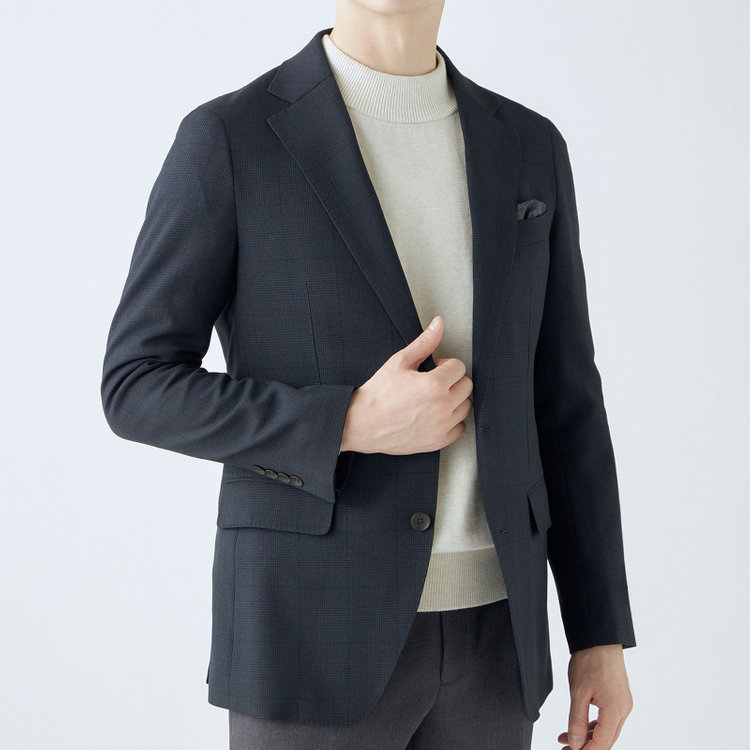 シルバーライン 【CLASSICO TAPERED】【秋冬】コーディネートパンツ付き/2釦シングルスーツ 1タック/ネイビー×グレンチェック+グレーソリッドパンツ/ウエストムーブ/4S SUSTAINABILITY&ECOLOGY FABRIC/※パンツ裾上げ済仕様 紺濃色