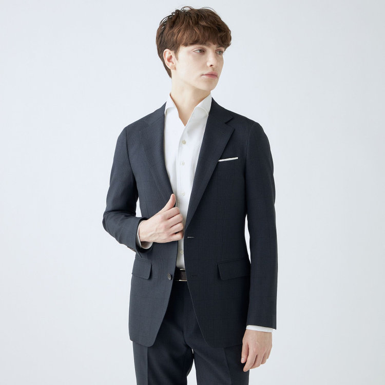 シルバーライン 【CLASSICO TAPERED】【秋冬】コーディネートパンツ付き/2釦シングルスーツ 1タック/ネイビー×グレンチェック+グレーソリッドパンツ/ウエストムーブ/4S SUSTAINABILITY&ECOLOGY FABRIC/※パンツ裾上げ済仕様 紺濃色