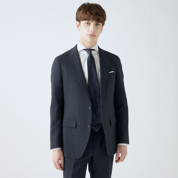 シルバーライン 【CLASSICO TAPERED】【秋冬】コーディネートパンツ付き/2釦シングルスーツ 1タック/ネイビー×グレンチェック+グレーソリッドパンツ/ウエストムーブ/4S SUSTAINABILITY&ECOLOGY FABRIC/※パンツ裾上げ済仕様 紺濃色