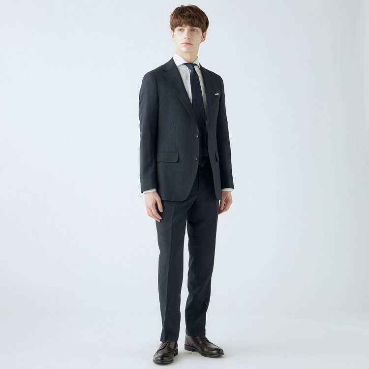 シルバーライン 【CLASSICO TAPERED】【秋冬】コーディネートパンツ付き/2釦シングルスーツ 1タック/ネイビー×グレンチェック+グレーソリッドパンツ/ウエストムーブ/4S SUSTAINABILITY&ECOLOGY FABRIC/※パンツ裾上げ済仕様 紺濃色