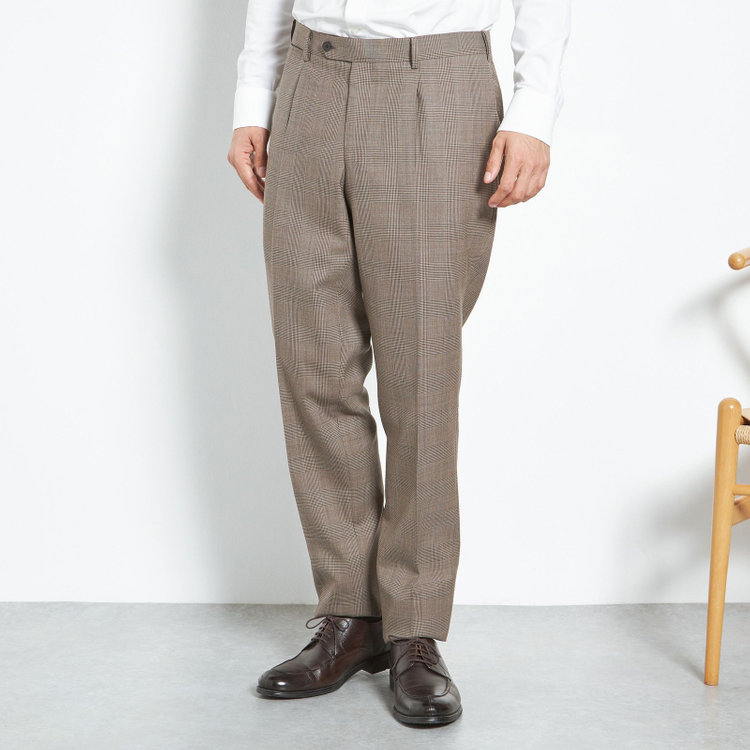 シルバーライン 【CLASSICO TAPERED】【春夏】1タックテーパードパンツ/ブラウン×グレンチェック/ウエストムーブ/※裾上げ必要 茶中間