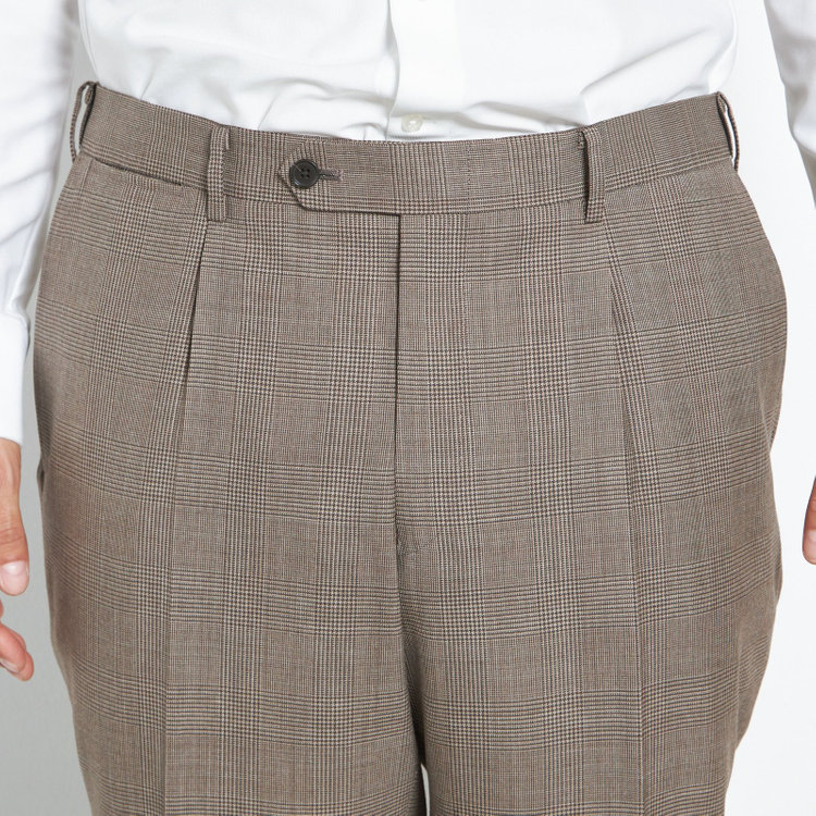 シルバーライン 【CLASSICO TAPERED】【春夏】1タックテーパードパンツ/ブラウン×グレンチェック/ウエストムーブ/※裾上げ必要 茶中間