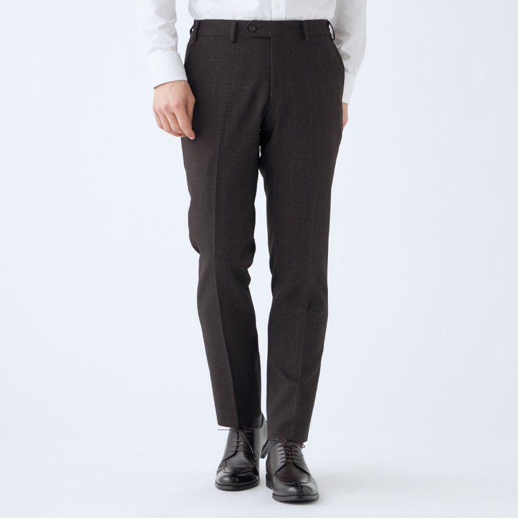 ブラックライン 【発送在庫あり】【SLIM TAPERED_2】【秋冬】コーディネートパンツ付き/2釦シングルスーツ 0タック/ブラウン×チェック+ブラックソリッドパンツ/ウエストシャーリング/4S SUSTAINABILITY/※パンツ裾上げ済仕様 茶濃色