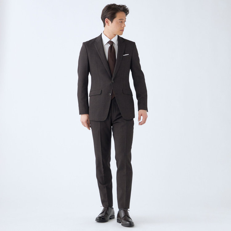 ブラックライン 【発送在庫あり】【SLIM TAPERED_2】【秋冬】コーディネートパンツ付き/2釦シングルスーツ 0タック/ブラウン×チェック+ブラックソリッドパンツ/ウエストシャーリング/4S SUSTAINABILITY/※パンツ裾上げ済仕様 茶濃色