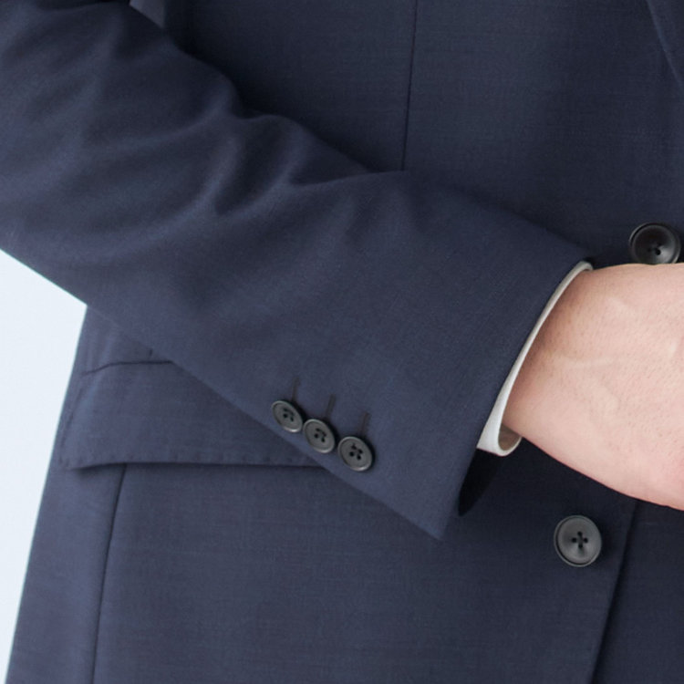 ブラックライン 【SLIM TAPERED_2】【年間】2釦シングルスリーピーススーツ 0タック/ネイビー/ウエストシャーリング/4S SUSTAINABILITY&ECOLOGY FABRIC/※パンツ裾上げ済仕様 紺中間