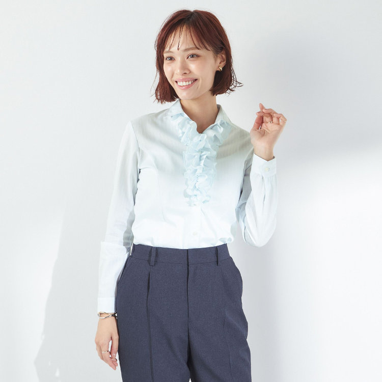 ソノタ 【SUIT SELECT×Samantha Thavasa】【長袖】リボン&フリル取り外しスキッパー/ミント×ドビーストライプ 緑淡色