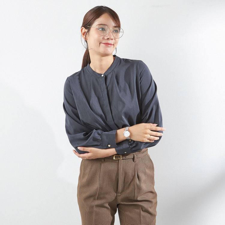 【SL/長袖】バンドカラー比翼仕様/ネイビー/「ストレッチ」「通気性」「吸水・速乾」