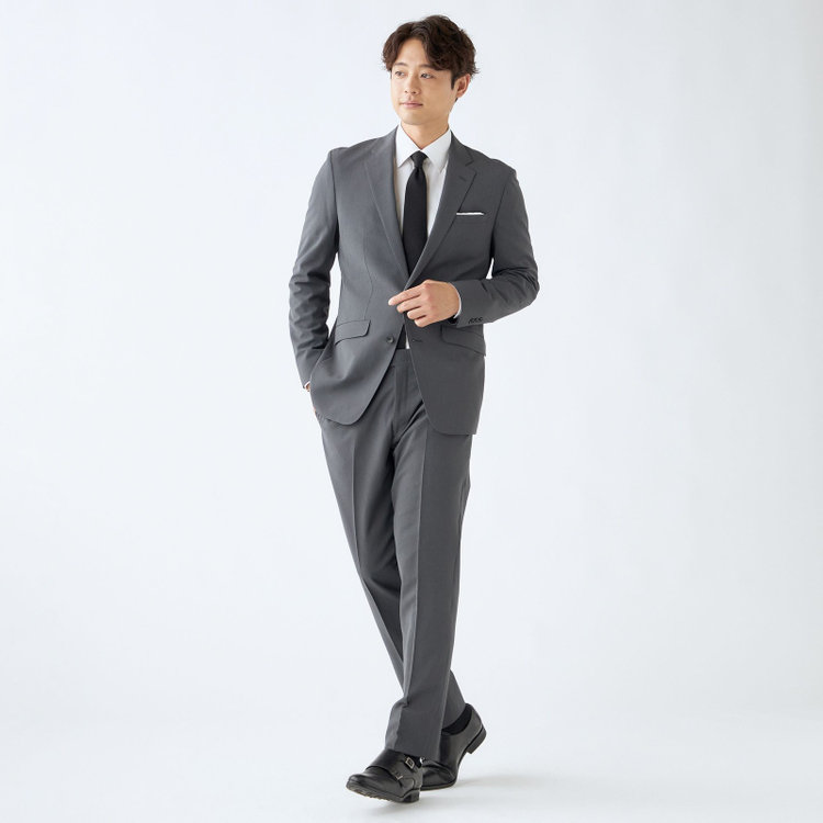 ブラックライン 【SLIM TAPERED_2】【春夏】スペアパンツ付き/2釦シングルスーツ 0タック/グレー/ウエストシャーリング/4S SUSTAINABILITY/※パンツ裾上げ済仕様 グレー濃色