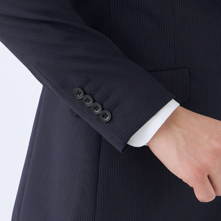 ブラックライン 【発送在庫あり】【KSW】【春夏】スペアパンツ付き/2釦シングルスーツ 0タック/ネイビー×ストライプ/※裾上げ必要 紺中間