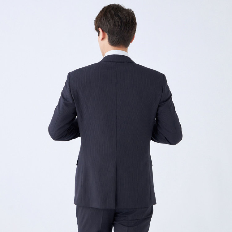 ブラックライン 【発送在庫あり】【KSW】【春夏】スペアパンツ付き/2釦シングルスーツ 0タック/ネイビー×ストライプ/※裾上げ必要 紺中間