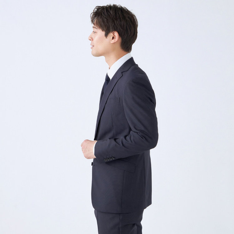 ブラックライン 【発送在庫あり】【KSW】【春夏】スペアパンツ付き/2釦シングルスーツ 0タック/ネイビー×ストライプ/※裾上げ必要 紺中間