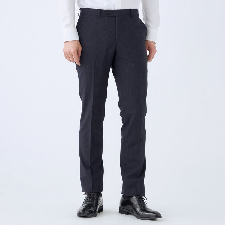 ブラックライン 【発送在庫あり】【KSW】【春夏】スペアパンツ付き/2釦シングルスーツ 0タック/ネイビー×ストライプ/※裾上げ必要 紺中間