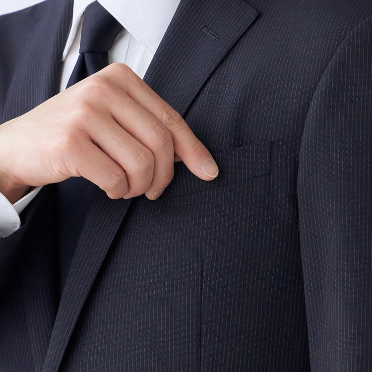 ブラックライン 【発送在庫あり】【KSW】【春夏】スペアパンツ付き/2釦シングルスーツ 0タック/ネイビー×ストライプ/※裾上げ必要 紺中間