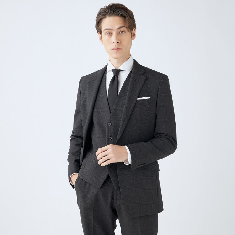 ブラックライン 【SLIM TAPERED_2】【秋冬】2釦シングルスリーピーススーツ 0タック/グレー×チェック/ウエストシャーリング/4S SUSTAINABILITY&ECOLOGY FABRIC/※パンツ裾上げ済仕様 グレー濃色