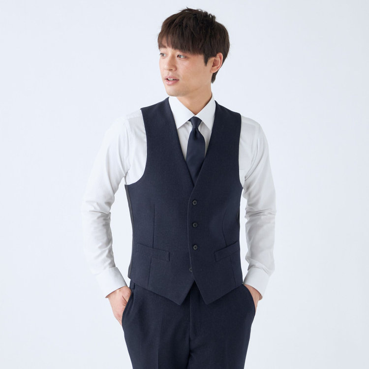 ブラックライン 【SLIM TAPERED_2】【秋冬】2釦シングルスリーピーススーツ 0タック/ネイビー/ウエストシャーリング/4S SUSTAINABILITY&ECOLOGY FABRIC/※パンツ裾上げ済仕様 紺濃色