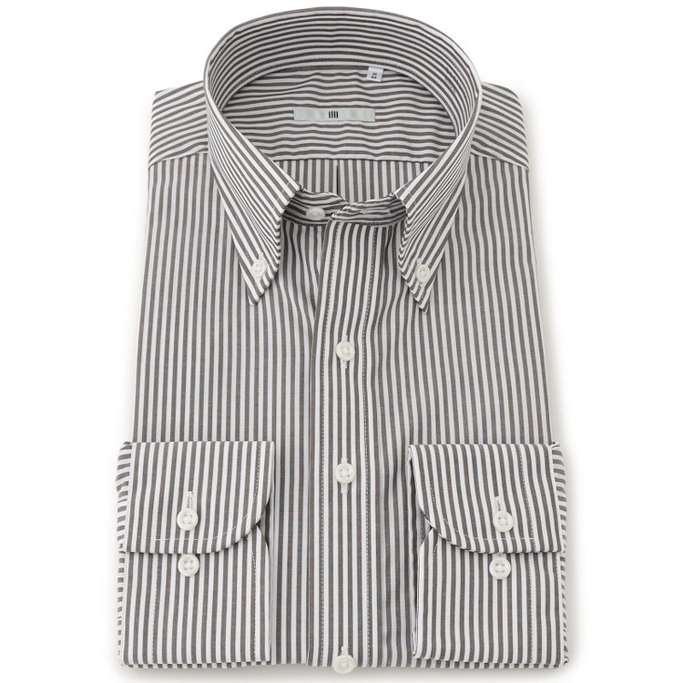 シルバーライン 【発送在庫あり】【SILVER LINE】【形態安定】ボタンダウンドレスワイシャツ/ホワイト×ブラウンストライプ 茶中間