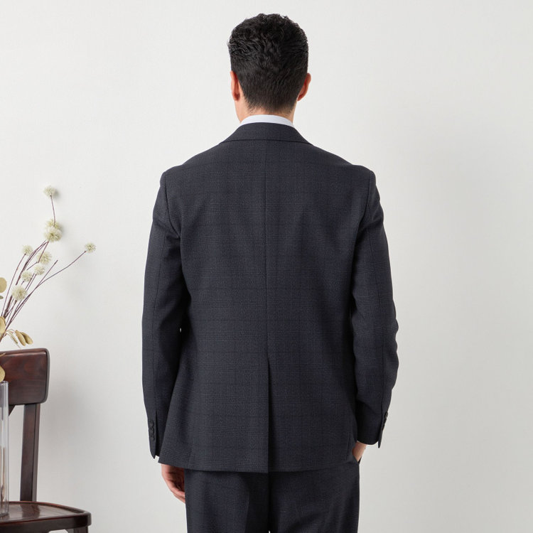 ブラックライン 【SLIM TAPERED】【秋冬】2釦シングルスリーピーススーツ 0タック/ネイビー×グレンチェック /ウエストムーブ/4S TAKE OUT SUITS / ※パンツ裾上げ済仕様 紺濃色