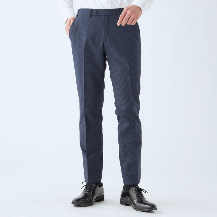 ブラックライン 【SLIM TAPERED_2】【春夏】2釦シングルスーツ 0タック/ネイビー&ブラック×ハウンドトゥース/ウエストシャーリング/4S SUSTAINABILITY&ECOLOGY FABRIC/※パンツ裾上げ済仕様 青中間