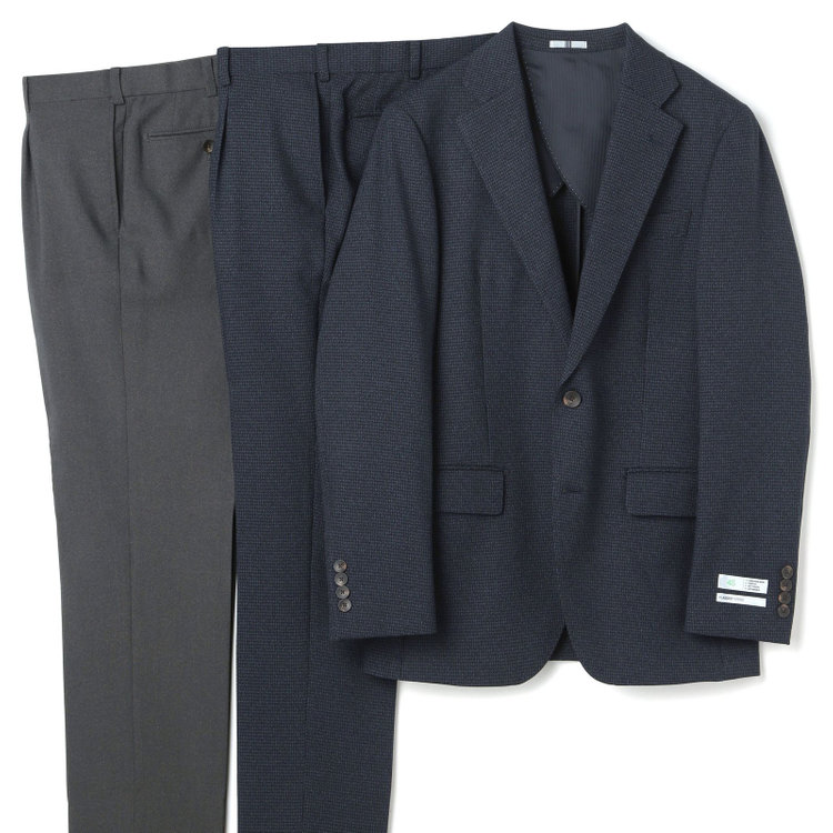 シルバーライン 【CLASSICO TAPERED】【秋冬】コーディネートパンツ付き/2釦シングルスーツ 1タック/ネイビー×ハウンドトゥース+グレーソリッドパンツ/ウエストムーブ/4S SUSTAINABILITY&ECOLOGY FABRIC/※パンツ裾上げ済仕様 青中間