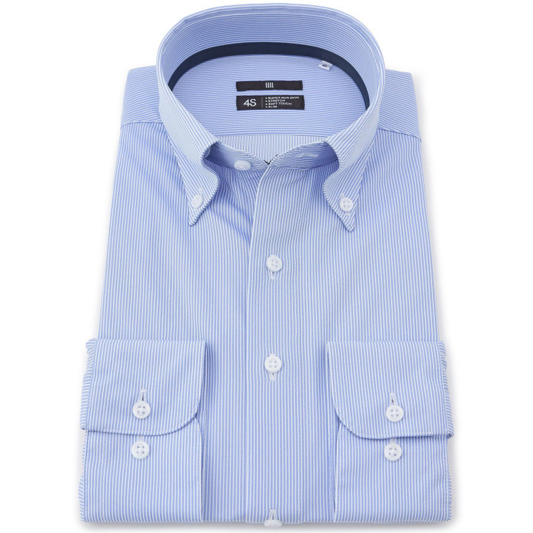 ブラックライン 【発送在庫あり】【WEB限定】【BLACK LINE】ボタンダウンワイシャツ/ブルー×ホワイトストライプ/「4S」スーパーノンアイロン・ストレッチ 青淡色